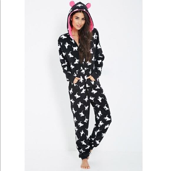 Forever 21 Black and Hot Pink Kitty Cat Union Suit - Picture 1 of 6